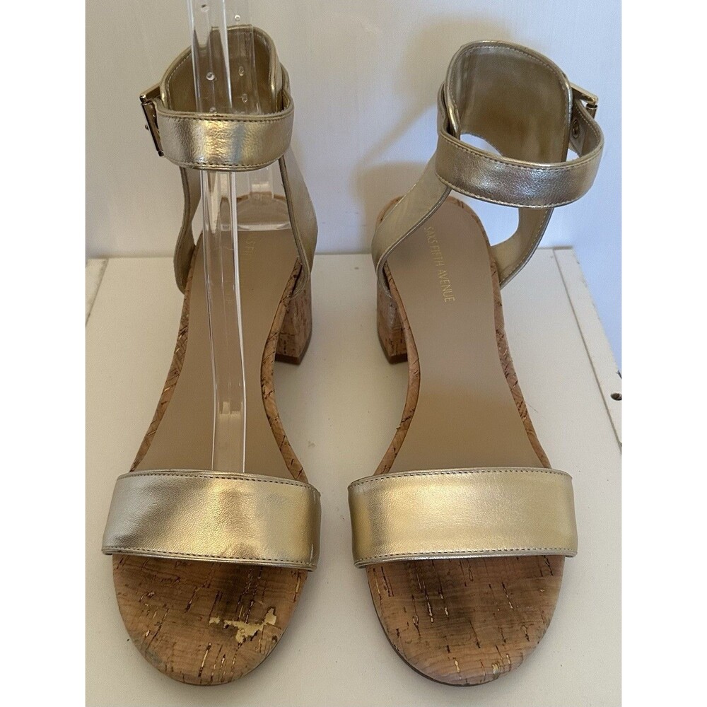 Saks Fifth Avenue Gold Leather Cork Block Heel Sandals Size 8M Glam Party